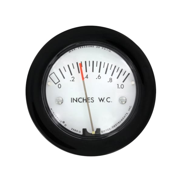 Differential pressure gage, range 0-100 mm w.c., 1/8" male NPT connection.